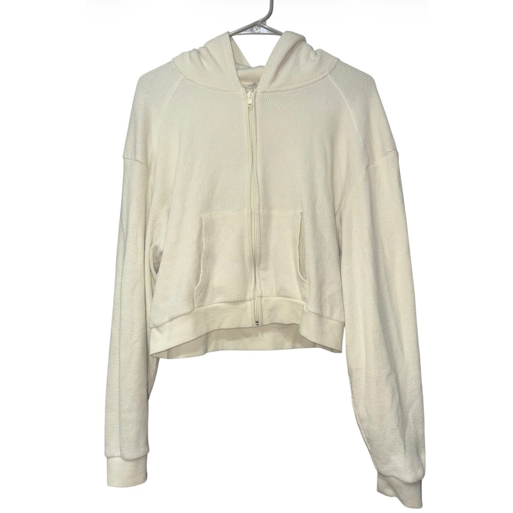SKIMS Waffle Knit Cropped Zip Hoodie Ivory Cotton Blend Womens XL Full Zip